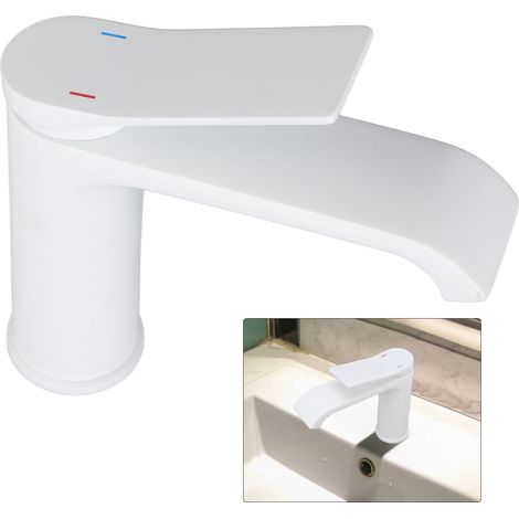 Lavabo de salle de bain blanc avec robinet d'eau chaude et froide de style cascade, meuble-lavabo, robinet d'eau chaude et froide blanc, tuyauterie de robinet basse. (1/5)
