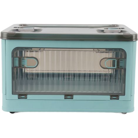 Petit bac de rangement pliable en plastique bleu, empilable avec couvercle pour placard et organisation (1/5)