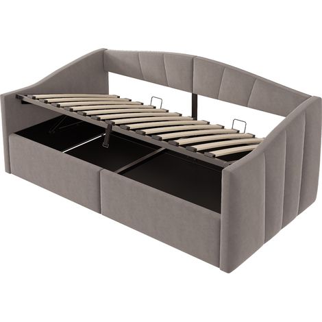 Cama tapizada con almacenaje hidráulico 90 x 200 cm, cabecero y reposabrazos, terciopelo gris (1/5)