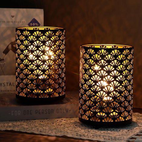 Set of 2 Battery Operated Table Lamps, 12 x 16 cm, Cordless Metal Lanterns with Warm Lights for Patio, Wedding, Party (Hollow Scalloped Pattern) (1/5)