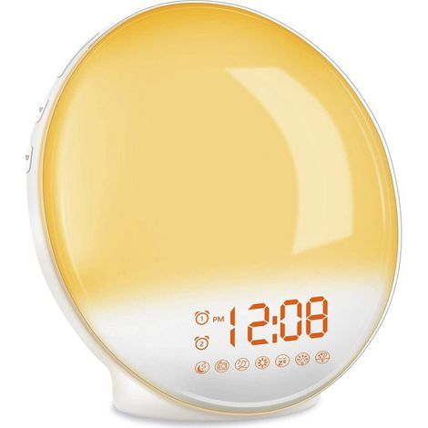 Eveil Lumière LED Radio Réveil Matin Lumineux Lampe de Chevet 20 Niveaux de Luminosité Simulateur d'Aube et Crépuscule 2 Réveils 7 Sons Naturels Fonction Snooze Veilleuse Enfant 7 Couleurs (Jaune) [Cl (1/5)