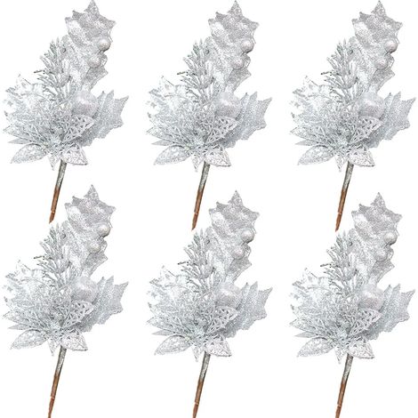 Lot de 6 décorations de Noël pailletées avec fleurs, feuilles et fruits artificiels pour la décoration intérieure et de Noël