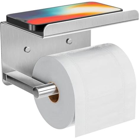 Porte-rouleau de papier toilette adhésif avec étagère pour téléphone, mural, inoxydable, argenté (1/5)