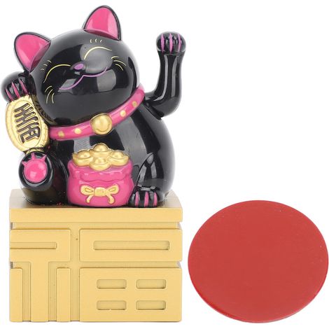 Statuette Chat Porte-Bonheur Solaire avec Bras Mobile, Décor de Bureau Feng Shui Chinois 4 Pouces Noir (1/5)