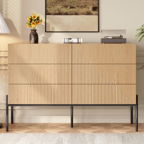 Credenza cassettiera 115.5x38x75 cm, mobile contenitore con 6 cassetti per soggiorno e camera da letto, MDF e metallo stile scandinavo moderno, Naturale (1/5)