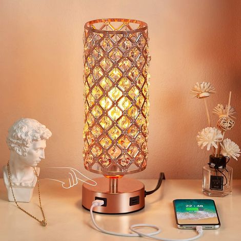 Lampe de chevet tactile en cristal avec 2 ports USB et ampoule E27, 3 intensités, lampe de table en cristal or rose pour salon, chambre, commode, hôtel ou bureau (1/5)