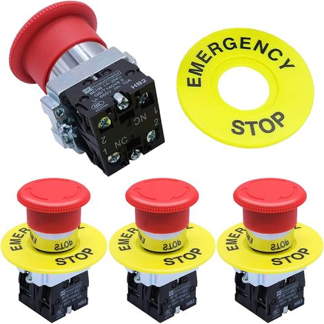Interrupteur à bouton-poussoir d'arrêt d'urgence 2NC 22 mm, forme champignon rouge, pour équipements, arrêt d'urgence, 660 V CA, 10 A (lot de 4) (1/5)