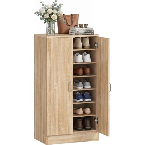 Armoire à chaussures en bois naturel avec 2 portes et 6 étagères réglables pour 14 paires de chaussures, charnières à fermeture douce (1/5)
