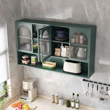 Meuble haut mural 120x23x70 cm en métal et verre vert foncé, gain de place cuisine FloraGrace (1/5)