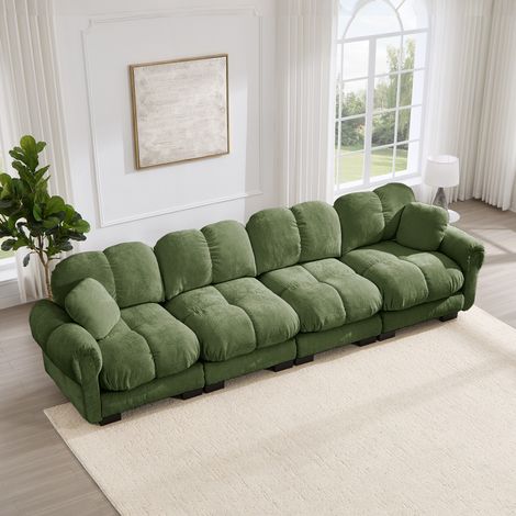 Divano modulare 330x86x90 cm, seduta imbottita, schienale e braccioli curvi, chenille verde (1/5)