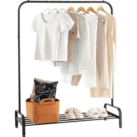COSTWAY Portant à Vêtement avec Étagère de Chaussures, Penderie Vêtement Hauteur 145CM, Tube en Fer, 4 Pieds Réglables, Portique Vêtement pour Chambre, Salon, Noir (1/5)