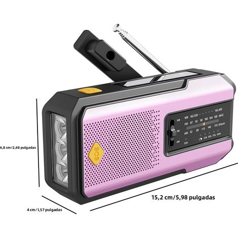 Radio d'urgence solaire (rose) - AM/FM/NOAA - LED - Alarme SOS - 2000 mAh - Rechargeable (1/5)