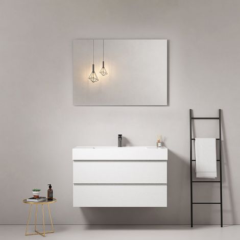 Mobile bagno sospeso 100 cm Bianco Lavabo in Resina Specchio Quadro - Fiji Wood