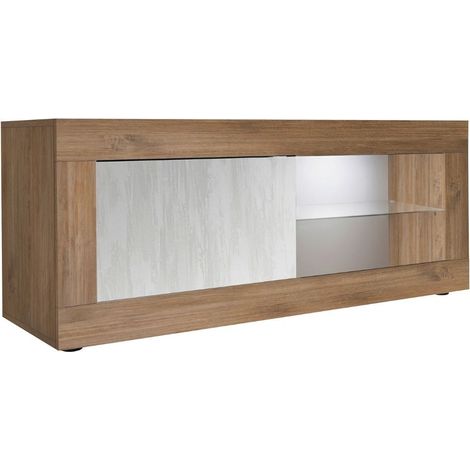 Meuble TV 1 portes 2 niches aspect bois finition Mercure façades blanc texturées avec Leds - OTELLO (1/5)