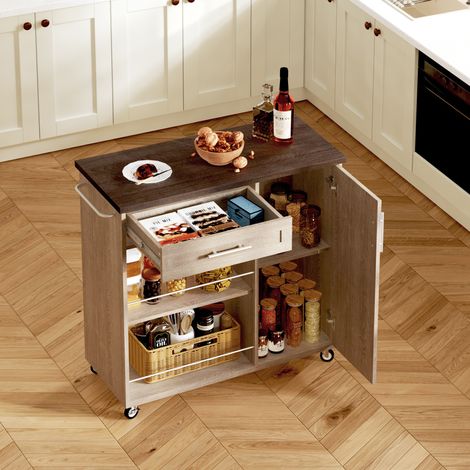 Chariot cuisine 90x62x90 cm chêne Sonoma dessus bois,tiroir placard étagères,roues verrouillables porte-serviettes. (1/5)