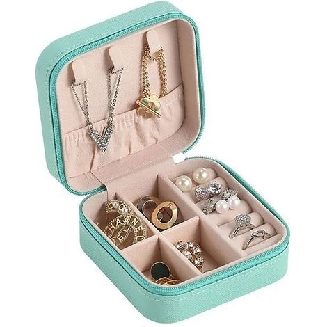 Coffret à bijoux vert menthe carré en cuir PU durable élégant pour bagues boucles d'oreilles colliers (1/5)