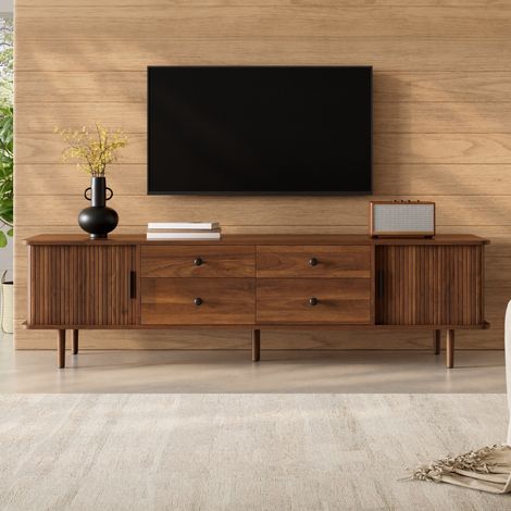 Meuble TV 165 cm avec 4 Tiroirs et 2 Portes - Coulissantes Buffet Bas Support TV en Noyer - Meuble Télé scandinave (1/5)
