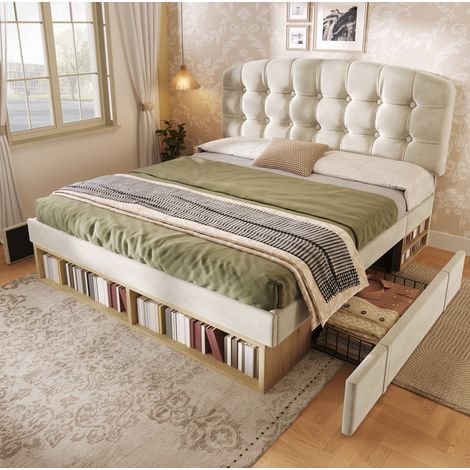 Cama doble 140x200 de terciopelo beige con somier, cabecero regulable y cajones (1/5)