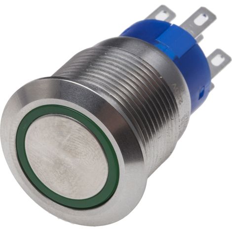 Bouton-poussoir, Momentané lumineux, LED Vert, 5 A, Argent, Montage panneau 220V ( Prix pour 1 ) (1/2)