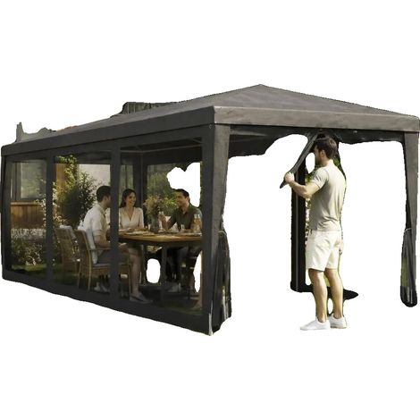 Carpa para fiestas, estructura de hierro resistente, ocho paneles laterales de malla, color antracita. (1/2)