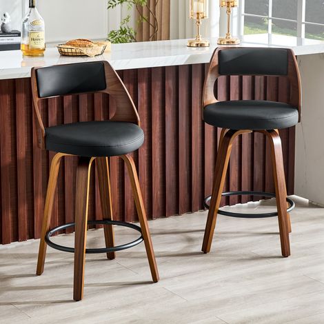 Lot de 2 tabourets de bar, tabouret de cuisine pour îlot central, chaise de bar vintage en bois courbé et simili cuir PU 92cm avec dossier, Noir (1/5)