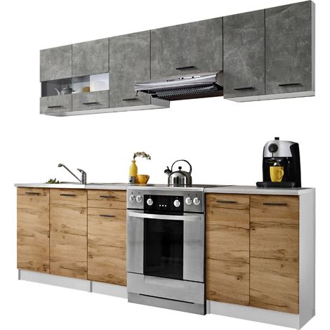 Cuisine Bigo 7 éléments - finition bas BOIS haut BETON 240 cm (1/2)