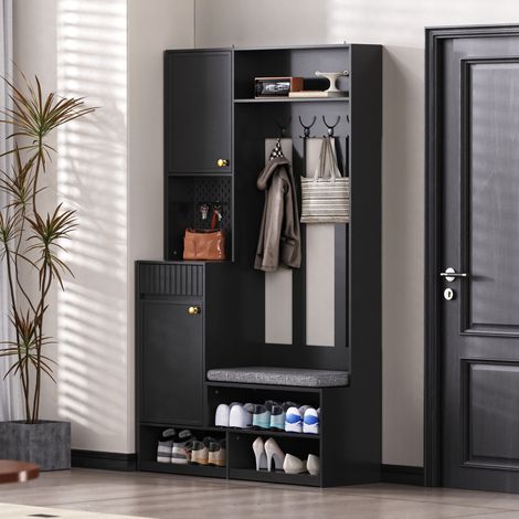 Conjunto de muebles de entrada con banco, 4 ganchos, puertas y cajones, negro HAVRYA (1/5)