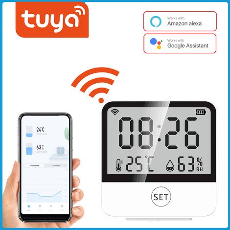 Tuya WiFi Capteurs intelligents de température et d'humidité Heure Date Semaine Affichage Bureau à domicile Chambre Cuisine Salon Hôtel Grande liaison Compatible avec Alexa (1/5)