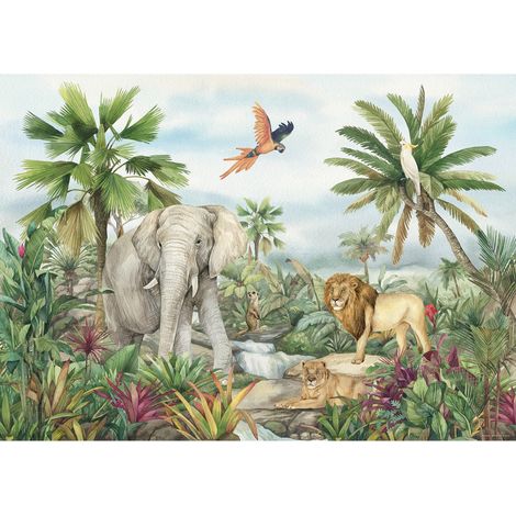 Poster intissé - animaux de la jungle en couleur - lion, éléphant, perroquet - 155 x 110 cm (1/3)