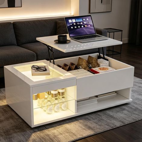Table basse relevable blanche – LED – rangement XXL – 2 Tiroirs - 100×55×33 cm (1/5)