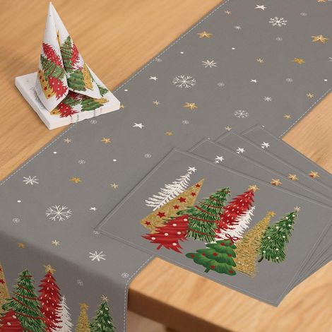 Weihnachtsdeko Tischset: Tischläufer 40x140cm, 4 Platzsets, 20 Servietten Grau mit Bäumen