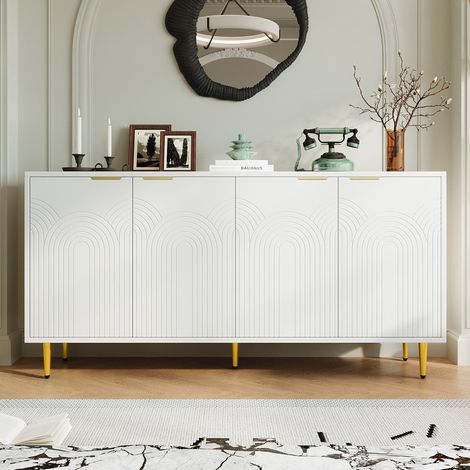 Sideboard avec rangement, commode 4 portes – buffet de rangement Poignées brossées dorées et pieds brillants – Meuble de salon – 160 × 80 × 40 cm (L × H × P)