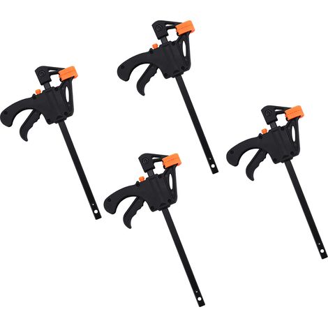 Kit d'outils à main pour le travail du bois et le bricolage, comprenant 4 serre-joints en F de 10 cm (4 pouces) avec clip de serrage et cliquet à dégagement rapide. (1/5)