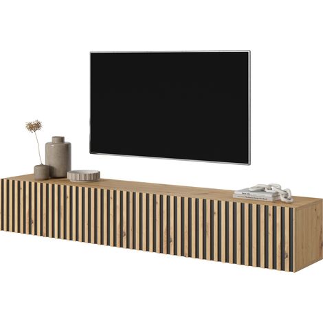 Selsey Telire - Mueble de TV colgante - roble artesano con frente de listones e inserciones negras - 175 cm (1/5)