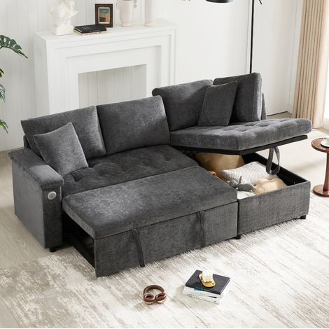 Canapé d’angle 209/130/84 cm en chenille gris foncé avec lit d’appoint, rangement et USB (1/5)
