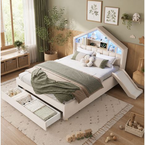 Beiges Kinder-Polsterbett 140x200 cm mit Rutsche, LED, Ladeanschluss und Schublade (1/5)