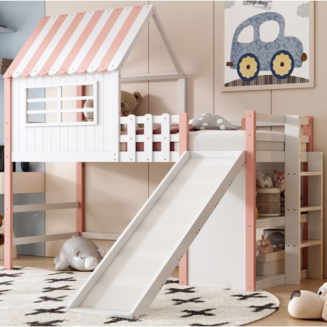 Cama infantil alta con tobogán y almacenaje 90x200 OKMYHOME (1/5)
