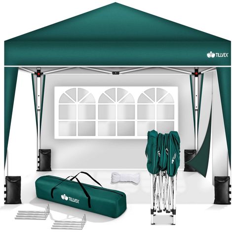 tillvex Pavillon 3x3m Grün - mit 2 Seitenteilen wasserdicht Pop-Up Faltpavillon höhenverstellbar Gartenzelt UV Schutz 50+ Partyzelt mit Tasche für Garten (1/5)