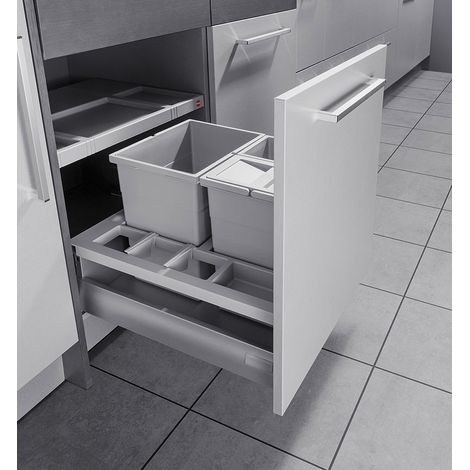 Hailo – Poubelle tri sélectif encastrable 34L – 1 bac 18L et 2 bacs 8L – Installation dans meuble coulissant 60cm – Couverture anti-odeurs