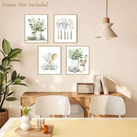 4pcs Affiches murales botaniques sans cadre - Feuilles eucalyptus sauge Design vert - Cuisine salle à manger - 20 x 30 cm