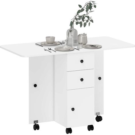 Table pliante blanche sur roulettes avec abattants et rangement, 120x60x76,5 cm, pratique et mobile pour repas compacts