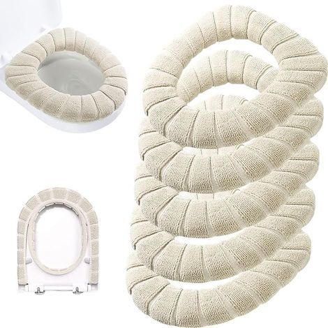 Set mit 5 dicken und bequemen WC-Sitzschonern - Weicher und warmer WC-Sitzbezug aus dehnbarem und waschbarem Fasergewebe, einfache Montage (Kürbis-Beige) (1/5)
