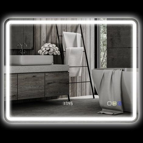 Specchio da bagno LED 70x90 cm con Bluetooth, orologio, antiappannamento e 3 luci, argento (1/5)