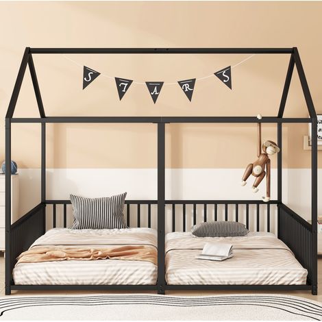 Kinderbett 90x200 cm schwarz aus Metall mit Hausdesign, Geländer und Leiter (1/5)