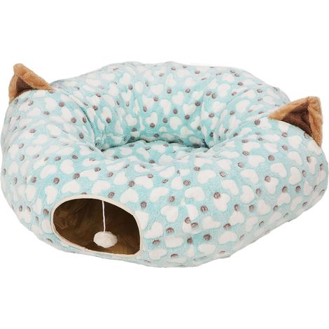 Lit tunnel pour chat avec tapis à motif cœur, pliable et rond, en forme de tube à 3 compartiments, avec balle de jeu pour chaton bleu (1/5)