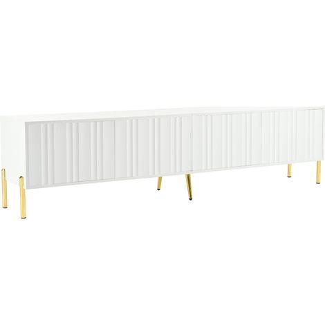 ELVMI Meuble TV avec 4 Portes et 8 Niches, Pieds Dorés, pour Salon, en MDF et Panneaux de Particules, Blanc, 190×38×48 cm (1/4)