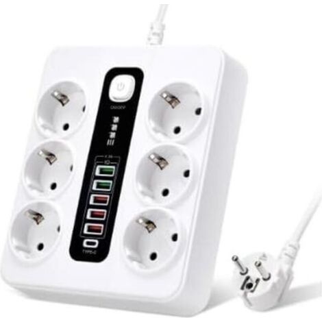 Multiprise 6 Compartiments avec USB, Multiprise 12 en 1 avec 5 USB-A & 1 USB-C, avec Interrupteur, Câble D'extension 2M, 3000W, Multiprise pour Bureau, Maison (1/5)