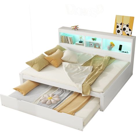 Sofá cama 140x200 cm blanco con iluminación LED ambiental, cama extraíble, enchufe y USB, almacenaje lateral y estructura de tablero de partículas, sin colchón CHICFURN (1/5)