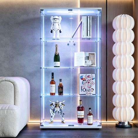 FOERPL-Vetrina a 4 ripiani in vetro per collezioni con illuminazione a LED, vetrina moderna con 4 ripiani e 2 ante, mobile verticale per collezioni autoportanti, vetrina in vetro a parete