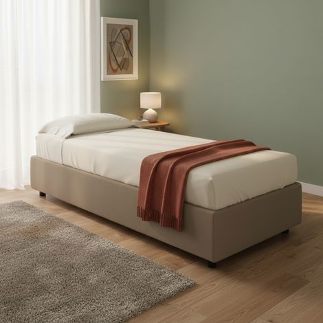Dmora - Cama individual Dmecozz, Cama contenedor con tapizado en ecopiel, 100% Made in Italy, Apertura frontal, adecuado para colchón Cm 90x190, Tórtola (1/5)